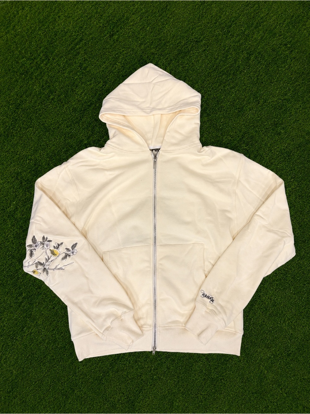 Derschutze Yellow Floral Embroidered Full Zip Hoodie Size M